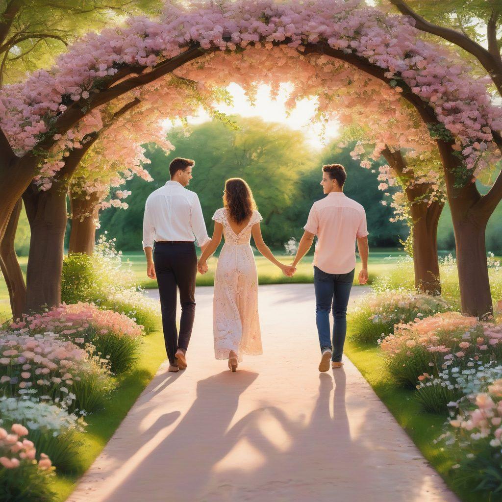 A heartfelt scene of a couple walking hand-in-hand through a picturesque park, the path winding beneath a canopy of blooming trees. They are engaged in deep, animated conversation, radiating trust and companionship. Various stages of their relationship are subtly illustrated in the background, from first dates to a wedding ceremony under a floral arch. Painting style. Warm, pastel colors. Soft, evening light.