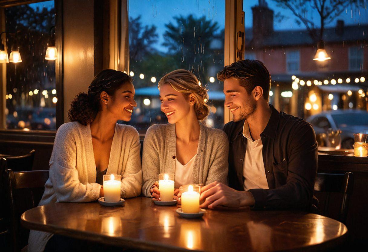 A romantic couple sharing a playful, intimate moment in a cozy, dimly-lit cafe; the ambiance showcases flickering candlelight, soft pastel decor, and subtle rain outside the window. The expressions on their faces are full of passion and deep connection, captured with grace. super-realistic. vibrant colors. warm tones.