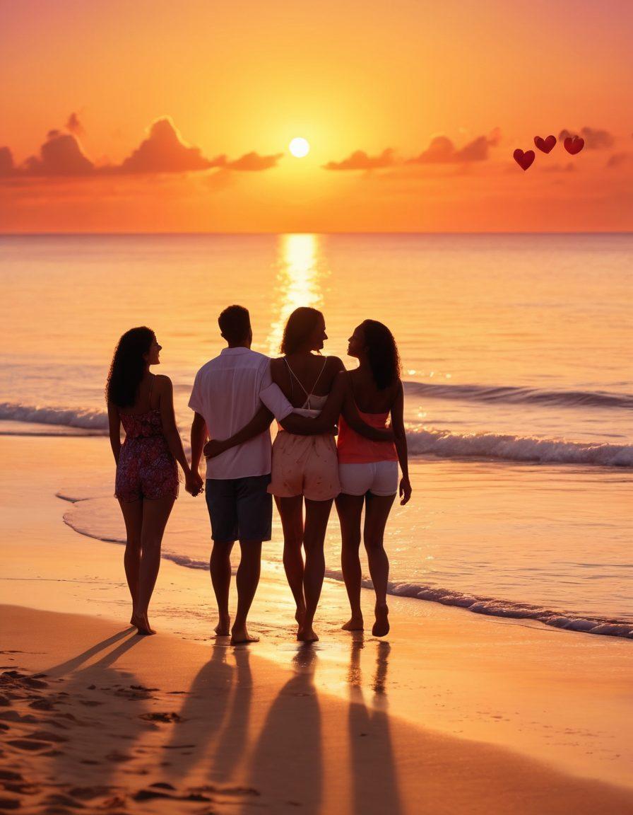 A diverse group of happy couples engaging in various bonding activities such as a sunset beach walk, sharing a meal, and giving a heartfelt hug, set against a vibrant and harmonious background with uplifting elements like hearts and soft glows. super-realistic. vibrant colors.